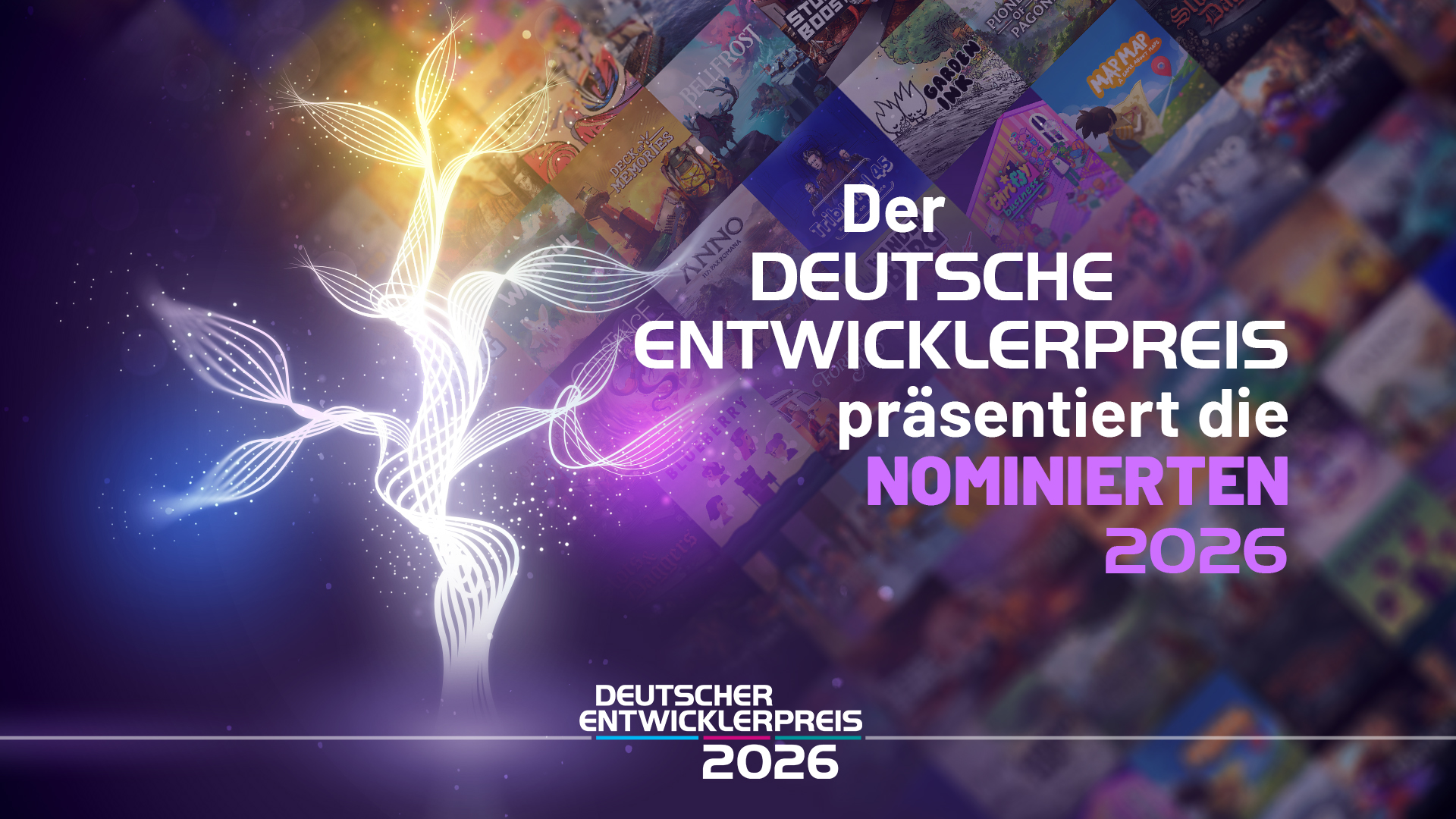 Visual des Deutschen Entwicklerpreises mit dem Schriftzug „Die Nominierten 2026“ und Motiven nominierter Spiele.
